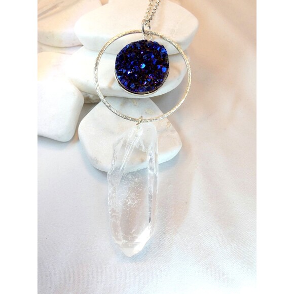 Natural Rock Crystal Quartz Point Titanium Blue Quartz Silver Necklace - Picture 2 of 6
